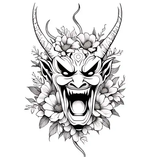 oni mask wrapped in flowers tattoo design idea