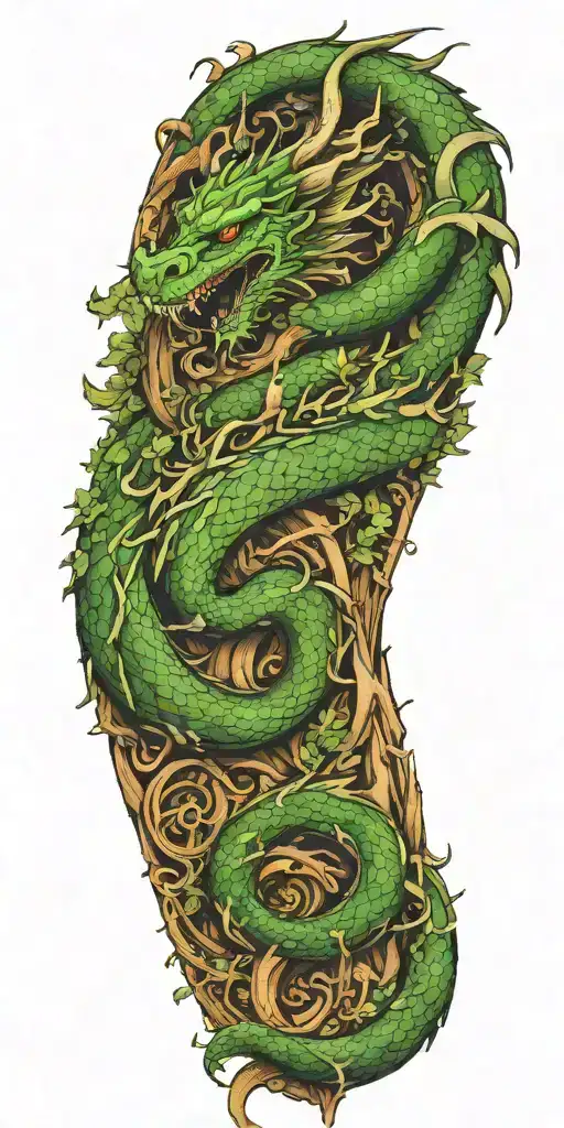dragon intertwined with elements of wood, forest and nature tattoo design idea