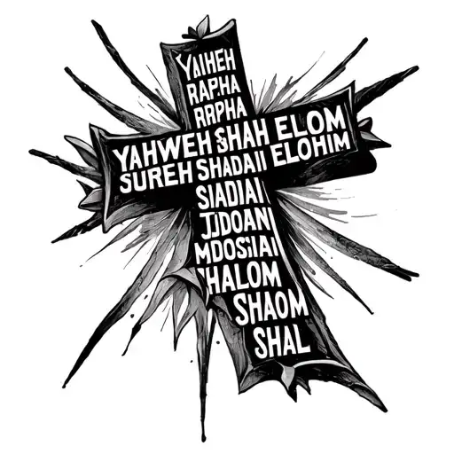a black and white word cross made up of the following words: Yahweh Rapha Elohim Shadai Jireh Adonai Messiah Shalom Shal tattoo design idea
