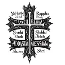 a black and white word cross made up of the following words: Yahweh Rapha Elohim Shadai Jireh Adonai Messiah Shalom Shal tattoo design idea