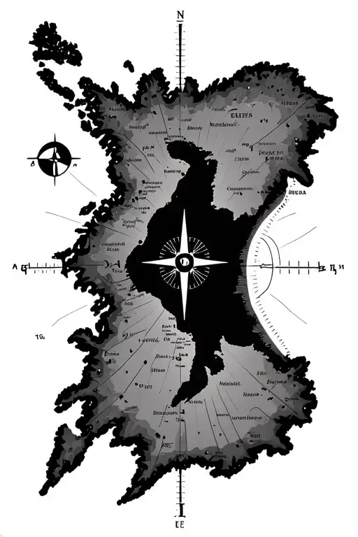 Antarctica map outline with compass surrounded and coordinates of research stations tattoo design idea