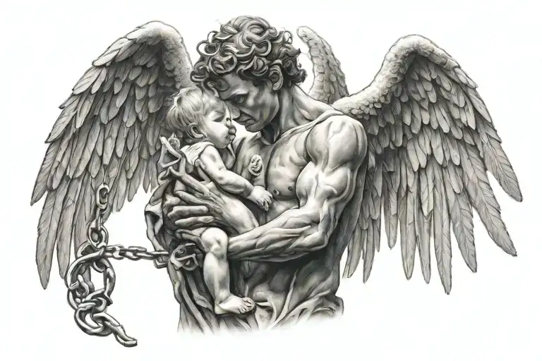 angel protecting little boy from demons trying to chain him down tattoo design idea