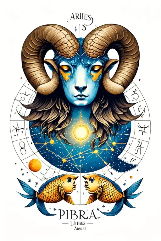 large Aries and Libra zodiac sign with a small Aries and Pisces signs below, include elements and constellations tattoo design idea
