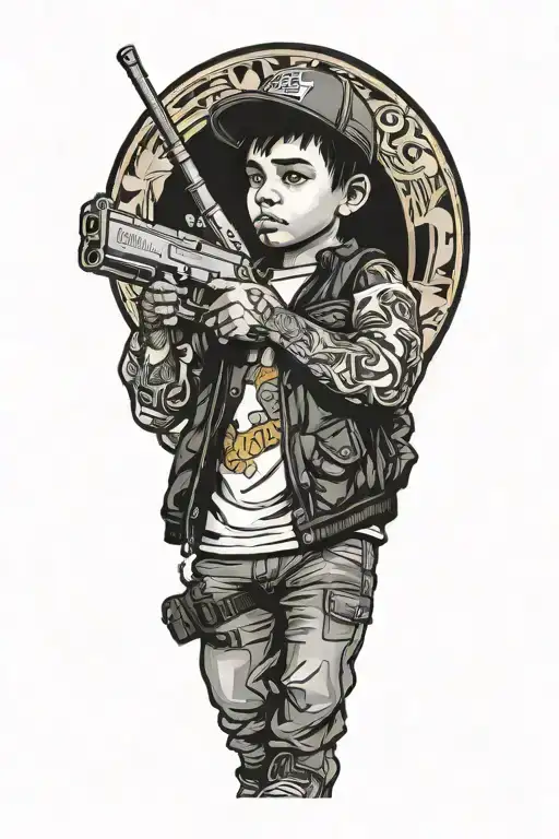 gangster kid holding a glock to his side asking,  "where's the fucking candy?" in a word bubble tattoo design idea