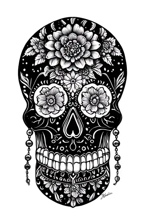 sugar skull and rosary beads tattoo design idea