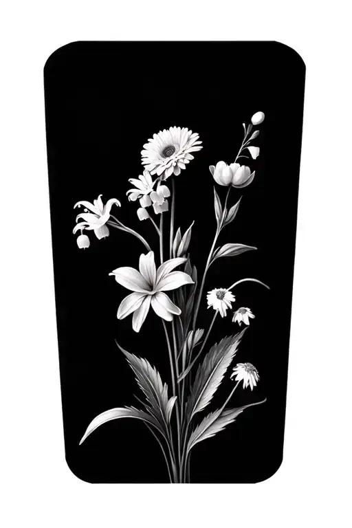 Lily of the valley, chrysanthemum, marigold, edelweiss and poppy flower black and white bouquet tattoo design idea