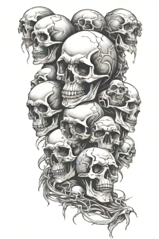 pile of skulls in a dark environment tattoo design idea