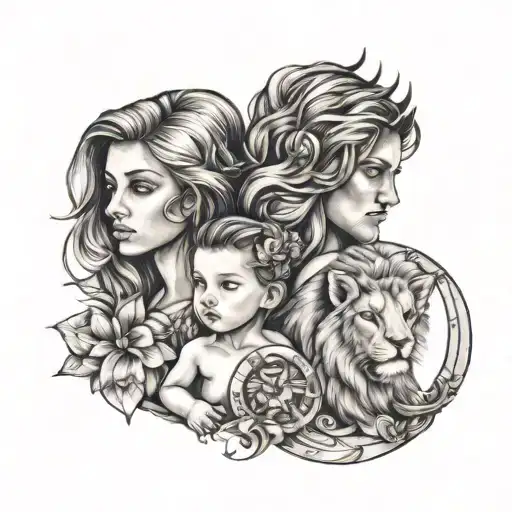 family tattoo incorporating 3 children using gemini, leo, and aquarius  tattoo design idea