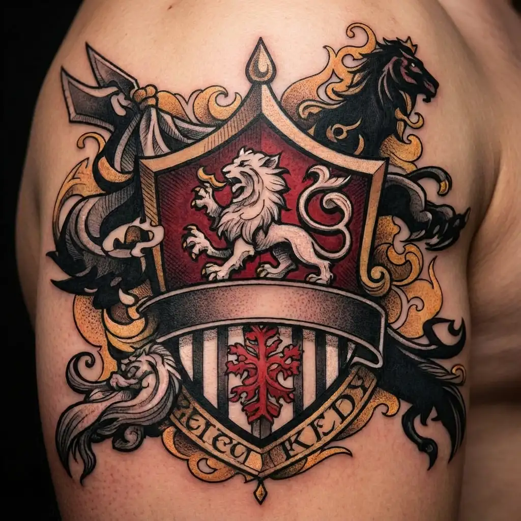 Leeds United badge, three lions, knights Templar knights with England flag on shield, flames in background tattoo design idea