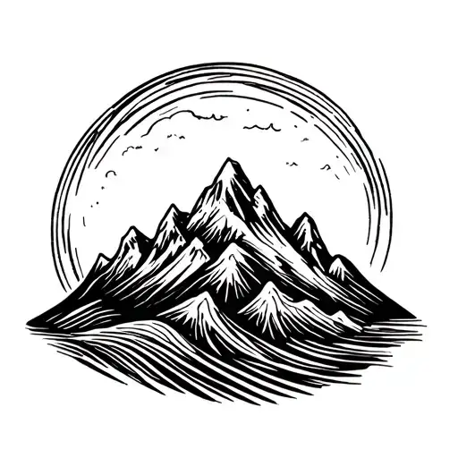 A simple mountain range turning into waves, continuous line tattoo flash, online outline, no shading tattoo design idea
