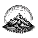 A simple mountain range turning into waves, continuous line tattoo flash, online outline, no shading tattoo design idea