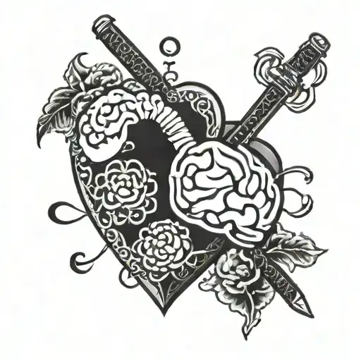heart and brain cut in half with a katana sword tattoo design idea