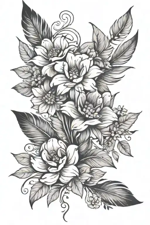 flowers and feathers falling tattoo design idea