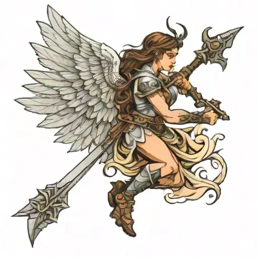 side view of female angel warrior wielding tattoo design idea