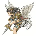 side view of female angel warrior wielding tattoo design idea
