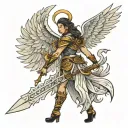 side view of female angel warrior wielding tattoo design idea