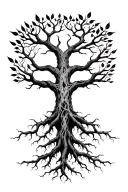 yggdrasil with 3 long roots reaching for te nines realms and have alot of leafs iin the crown tattoo design idea
