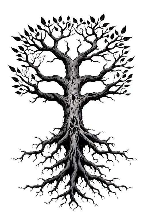 yggdrasil with 3 long roots reaching for te nines realms and have alot of leafs iin the crown tattoo design idea