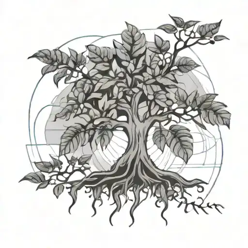 A money tree with leaves  like parrots, set against a backdrop of a chart pattern rising like a mountain in the distance tattoo design idea