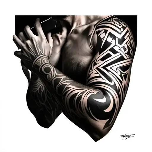 A realistic black and white tattoo on a man's shoulder and upper arm, featuring a large geometric tribal design composed tattoo design idea