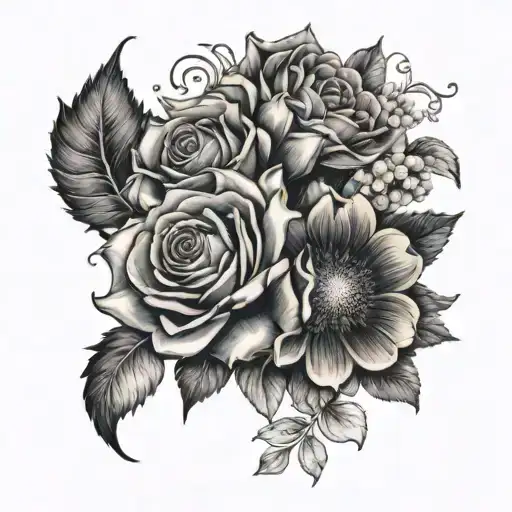 A sleeve tattoo featuring a variety of flowers including roses, honey suckles, and chrysanthemums, showcasing the client's favorite blooms in a detailed black and grey style tattoo design idea