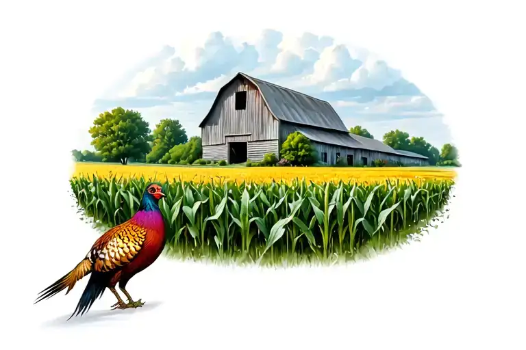 A corn field with a barn and a meadow in the background with a pheasant flaying  tattoo design idea