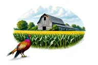 A corn field with a barn and a meadow in the background with a pheasant flaying  tattoo design idea