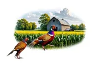 A corn field with a barn and a meadow in the background with a pheasant flaying  tattoo design idea