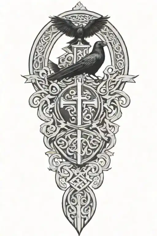 castle rookery crest with two large crows holding a Celtic cross and 4 small crows on the shield tattoo design idea