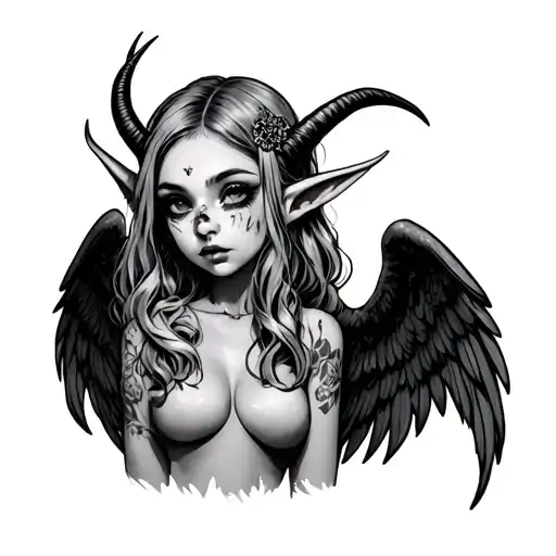 Sweet but psycho elf, wing, small horns, beauty spot on the right over mouth, tailor seat, hands hidden, dumpling love tattoo design idea