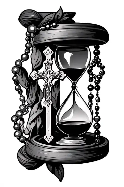 hour glass and rosary and Benedict cross tattoo design idea