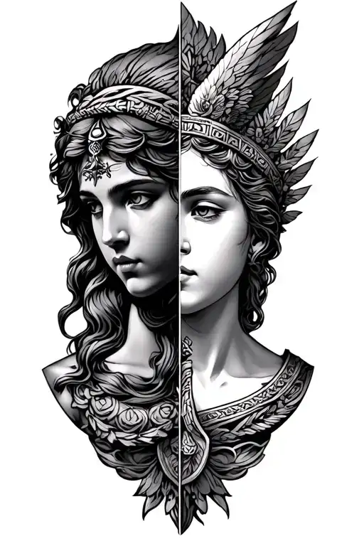 design a half artemis themed half apollo themed with elements from greek mythology that is very clever and academic  tattoo design idea