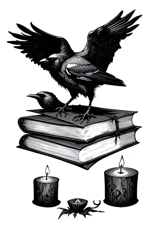 raven on top of spellbooks with a hocus pocus candle tattoo design idea