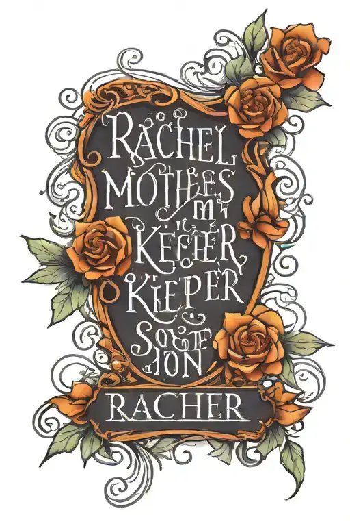 the word my mothers keeper with a mom and a son near the wrist and the name Rachel on the wrist tattoo design idea