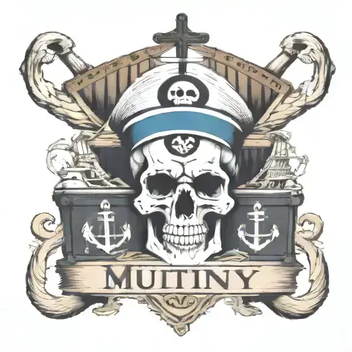 big container ship with stacks of containers with a skull and anchor below and with text below that says "MUTINY" tattoo design idea
