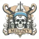 big container ship with stacks of containers with a skull and anchor below and with text below that says "MUTINY" tattoo design idea