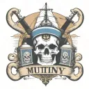 big container ship with stacks of containers with a skull and anchor below and with text below that says "MUTINY" tattoo design idea