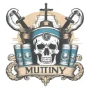 big container ship with stacks of containers with a skull and anchor below and with text below that says "MUTINY" tattoo design idea