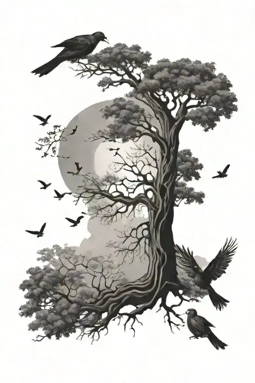 shoulder tree with birds flying to a wing on back   tattoo design idea