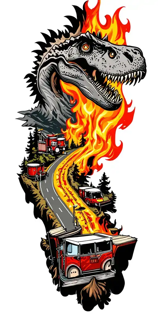 map with landmarks with road, mountains, trex fire truck, mountain bike drum set, cassette tape, book on fire, tattoo design idea
