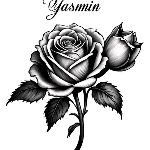 Draw a rose and a tulip flower and on top of them Yasmin with a fancy font  tattoo design idea