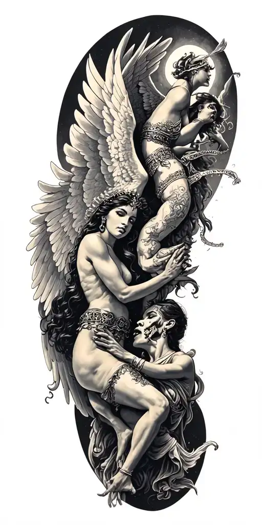heaven vs hell theme with angels and demons fighting tattoo design idea