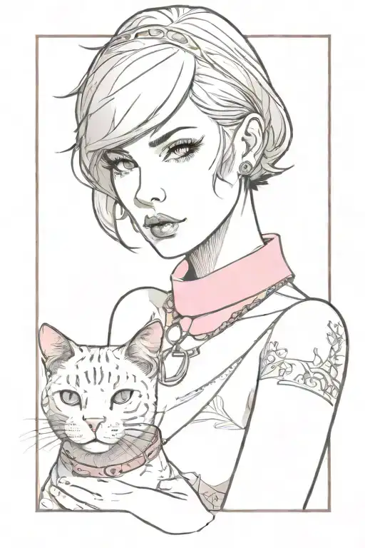 Sissy Slave Pink Leather Collar With Chain Leash Short Dark Brown Hair Blue Eyes Flat Chest Tattoo cat pose tattoo design idea