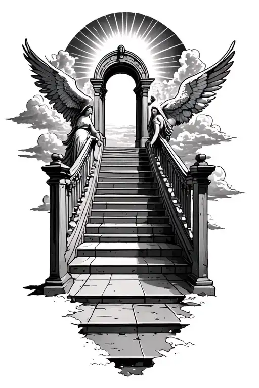 stairway to heaven walking up stairs angels sun rays clouds heaven gate at the top of the stairs  tattoo design idea