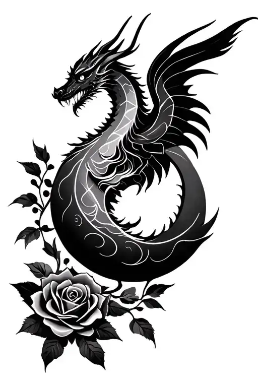 simple dragon or phoenix, upside down moon, rose, buddhism, protection, rebirth, renewal tattoo design idea