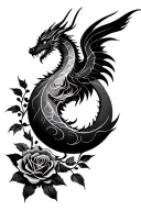 simple dragon or phoenix, upside down moon, rose, buddhism, protection, rebirth, renewal tattoo design idea