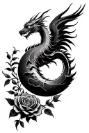 simple dragon or phoenix, upside down moon, rose, buddhism, protection, rebirth, renewal tattoo design idea