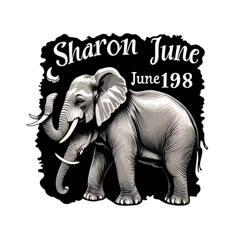 "Sharon June 1958" elephant adorned with traditional name and date of birth tattoo design idea