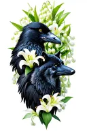 Raven and a wolf side by side surrounded by lily of the valley flower tattoo design idea