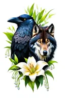 Raven and a wolf side by side surrounded by lily of the valley flower tattoo design idea